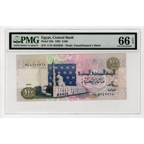 639 - Egypt 100 Pounds dated 1992, serial 11/N 4245928 (TBB B319b, Pick53b) in PMG holder graded 66 EPQ Ge... 