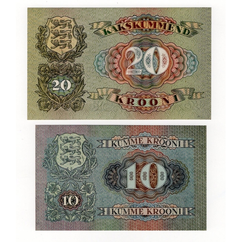 648 - Estonia (2), 20 Krooni dated 1932 serial No. 1418632 and 10 Krooni dated 1937 serial A-0181888 (TBB ... 