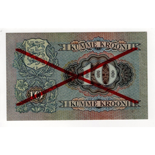 649 - Estonia 10 Krooni dated 1928, PROOF note with red 'PROOV' overprint on obverse and large red cross o... 