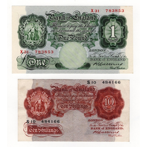 65 - Catterns (2), 1 Pound issued 1930 serial X31 783853 (B225, Pick363b), 10 Shillings issued 1930 seria... 