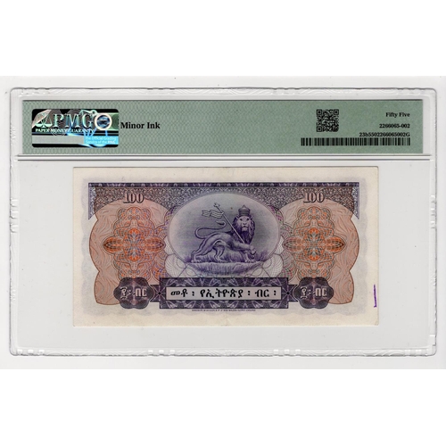 650 - Ethiopia 100 Dollars issued 1961, serial F/2 460799 (TBB B212b, Pick23b) in PMG holder graded 55 Abo... 