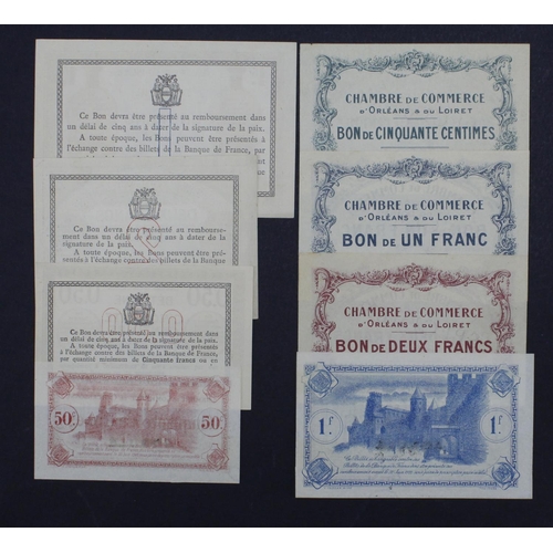 675 - France (8) Chambre de Commerce SPECIMEN notes, D'Orleans et du Loiret 50 Centimes, 1 Franc & 2 Franc... 