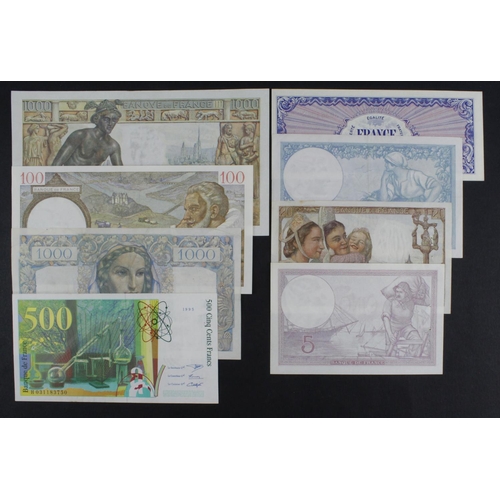 676 - France (8), 1000 Francs 1943 EF+, 1000 Francs 1946 pressed VF, 500 Francs 1995 EF, 100 Francs 1940 U... 