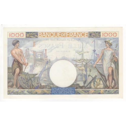 679 - France 1000 Francs dated 28th November 1940, serial T.655 353 (Pick96a) light signs of handling/dent... 