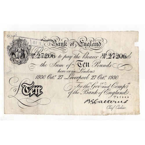 68 - Catterns 10 Pounds (B229e) dated 27th October 1930, very rare LIVERPOOL branch note, serial 129/V 27... 