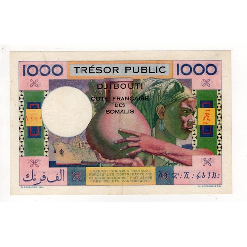 686 - French Afars & Issas 1000 Francs issued 1974 serial K.51 184 (TBB B103a, Pick32) pressed VF+