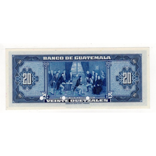 729 - Guatemala 20 Quetzales issued 1948, SPECIMEN note, serial No. 00000, diagonal 'SPECIMEN' overprint i... 