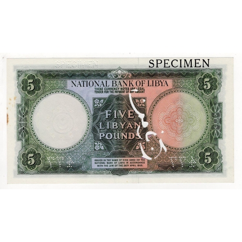 783 - Libya, National Bank of Libya 5 pounds 1955 issue, SPECIMEN note serial number B/3 000000, black Ara... 