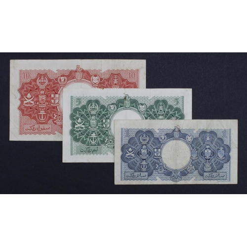 790 - Malaya & British Borneo (3), 10 Dollars serial A/33 936693, 5 Dollars serial A/14 440064 and 1 Dolla... 