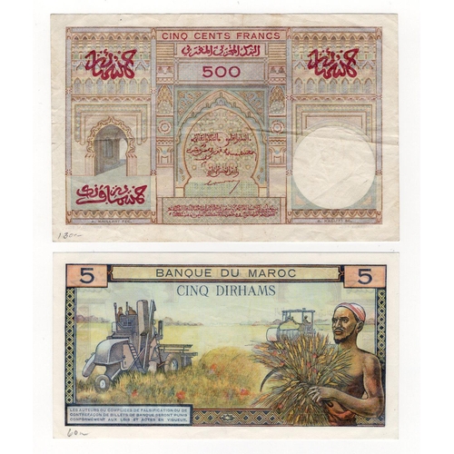 809 - Morocco (2), 500 Francs dated 9th January 1950 serial U.7 77838 (TBB B229a, Pick46) Fine+, 5 Dirhams... 