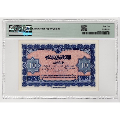 810 - Morocco 10 Francs dated 1st March 1944, serial R1498 866 (TBB B219c, Pick25) in PMG holder graded 64... 