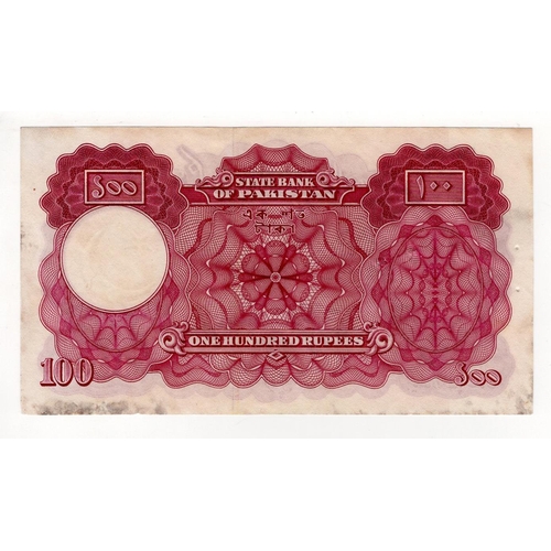 833 - Pakistan Karachi 100 Rupees issued 1953, serial P932567 (TBB B204d, Pick14b) usual staple holes at l... 