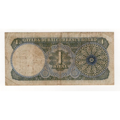 851 - Qatar & Dubai 1 Riyal not dated issued 1960's, serial A/10 194087 (TBB B101a, Pick1a) original Fine