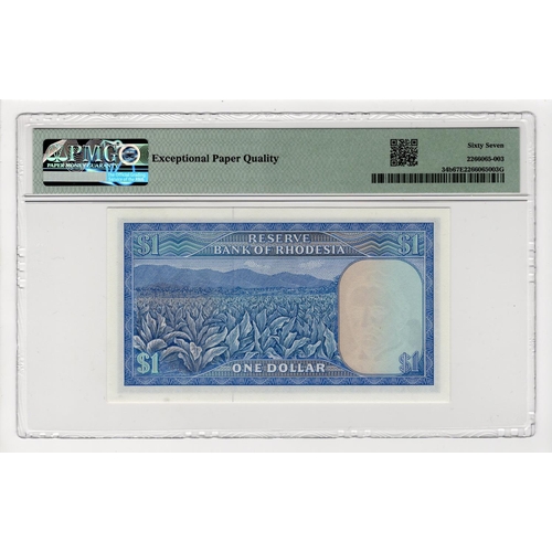 856 - Rhodesia 1 Dollar dated 1st November 1976, serial L/90 931198 ( TBB B107m, Pick34b) in PMG holder gr... 