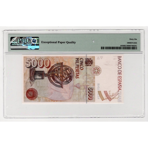 896 - Spain 5000 Pesetas dated 1992, serial 4Z 3676248 (TBB B631a, Pick165) in Pmg holder graded 66 EPQ Ge... 