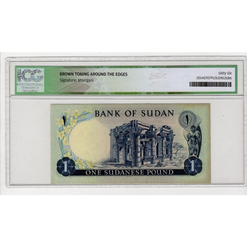 904 - Sudan 1 Pound dated 1970, serial C/11 452950 (TBB B308a, Pick13a) in ICG holder graded 66* Choice Un... 