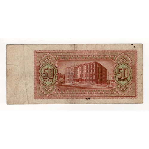 911 - Turkey 50 Kurus issued 1944, serial B'40 079165 (TBB B221a, Pick134) some dirt, Fine+