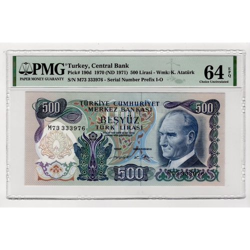 912 - Turkey 500 Lirasi issued 1971, serial M73 333976 (TBB B267b, Pick190d) in PMG holder graded 64 EPQ C... 