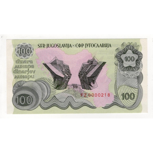 936 - Yugoslavia 100 Dinara not issued (1990), portrait President Tito at right, LOW number, serial FZ 000... 