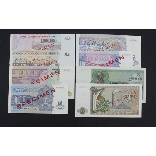 942 - Zaire (8), a group of SPECIMEN notes, 1 Zaire dated 1972, 5 Zaires dated 1974, 20000 Zaires dated 19... 