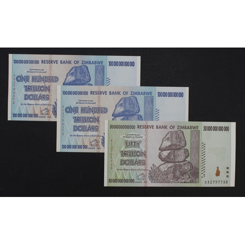 943 - Zimbabwe (3), 100 Trillion Dollars (2) & 50 Trillion Dollars dated 2008, the two highest denominatio... 