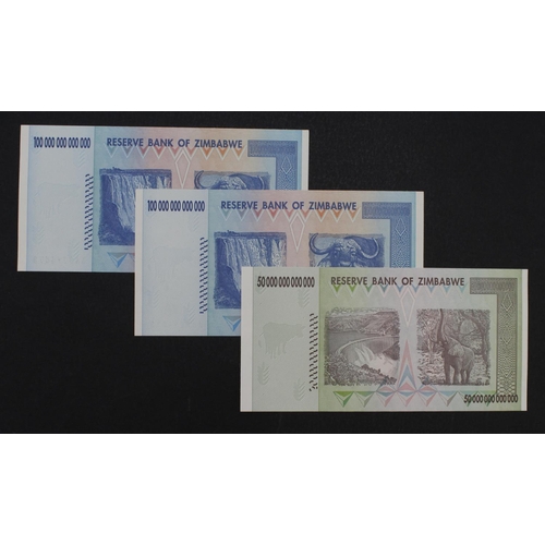 943 - Zimbabwe (3), 100 Trillion Dollars (2) & 50 Trillion Dollars dated 2008, the two highest denominatio... 