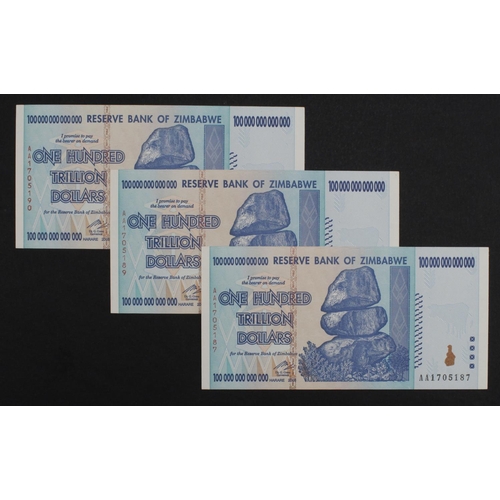 944 - Zimbabwe 100 Trillion Dollars (3) dated 2008, the highest denomination issued, including a consecuti... 