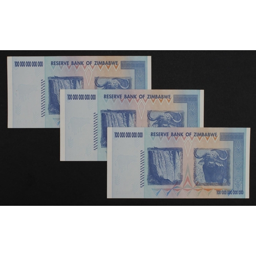 944 - Zimbabwe 100 Trillion Dollars (3) dated 2008, the highest denomination issued, including a consecuti... 