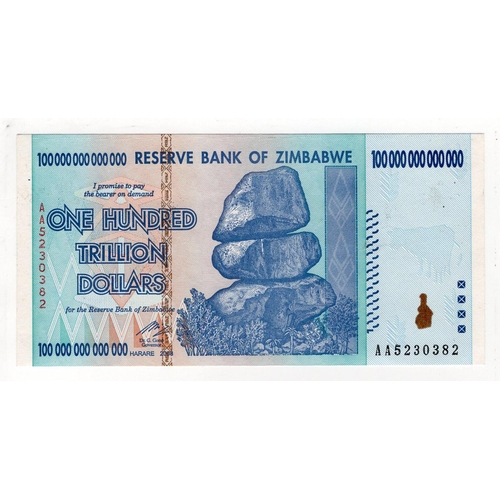 945 - Zimbabwe 100 Trillion Dollars dated 2008, the highest denomination issued and very collectable (TBB ... 