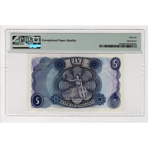 96 - Fforde 5 Pounds (B312) issued 1967, serial T02 023823 (B312, Pick375b) in PMG holder graded 66 EPQ G... 