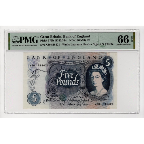 97 - Fforde 5 Pounds (B312) issued 1967, serial X30 818421 (B312, Pick375b) in PMG holder graded 66 EPQ G... 