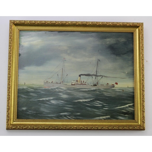 1 - A J Jansen (1859-1935). Oil on board depicting a Dutch steamer boat (Brandon), circa 1897, signed by... 