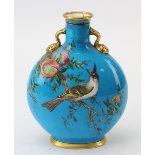 105 - Minton moon flask. decorated with birds & flowers on a turquoise ground, with gilt detailing. Approx... 