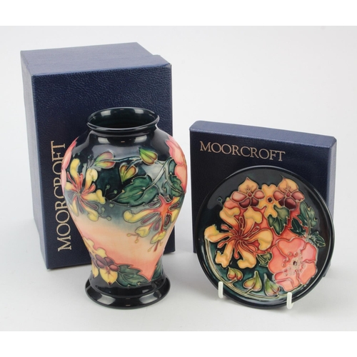 122 - Moorcroft. Two Moorcroft 'Oberon' pattern pieces, comprising a vase & small dish, makers marks to ba... 