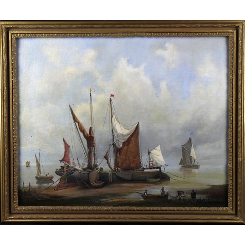 16 - D. Lightfoot. Oil on board, depicting a shore scene with numerous boats, signed by artist to lower l... 