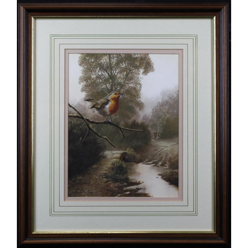 2 - Adrian Rigby (b.1962). Gouache illustration depicting a Robin perched on a branch above a stream. Si... 