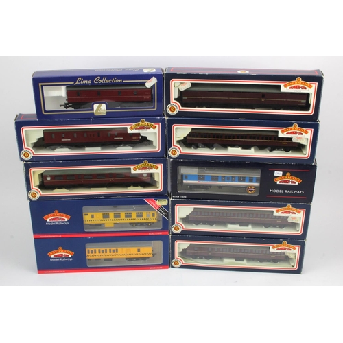 299 - Bachmann. Ten boxed mostly Bachmann OO gauge coaches (one Lima), including 34-602, 34-603, 34-626, 3... 