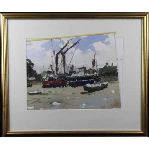 33 - John Yardley (b. 1933). Watercolour, depicting boats on the shore, signed by artist to lower left co... 