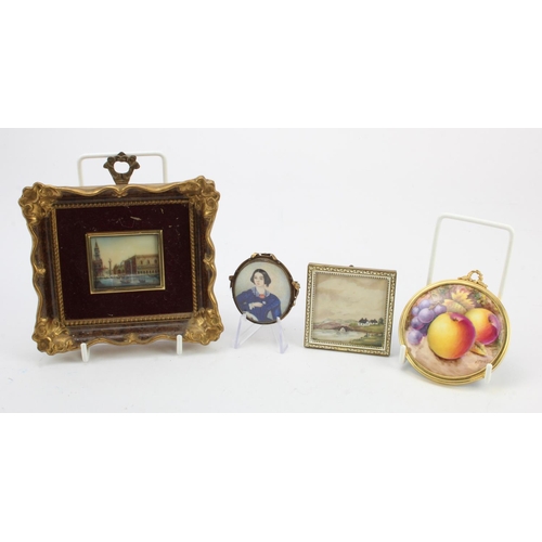 41 - Miniatures. Four miniature pictures, including a memorial brooch depicting a portrait of a lady with... 