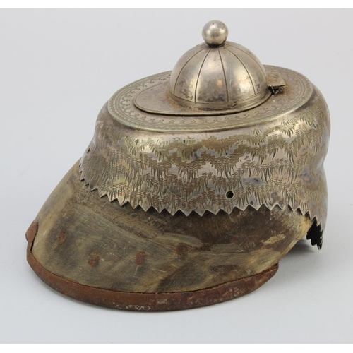 412 - Hoof inkwell mounted with silver plated jockey hat, glass liner missing. height 11cm approx.  (sold ... 