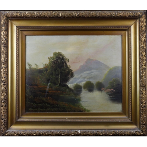 45 - Oil on board, landscape depicting a river surrounded by trees and mountains, circa late 19th to earl... 