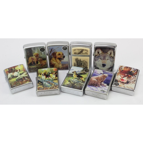 492 - Zippo Lighters. A collection of nine animal related Zippo lighters, including dogs, wolf, polar bear... 