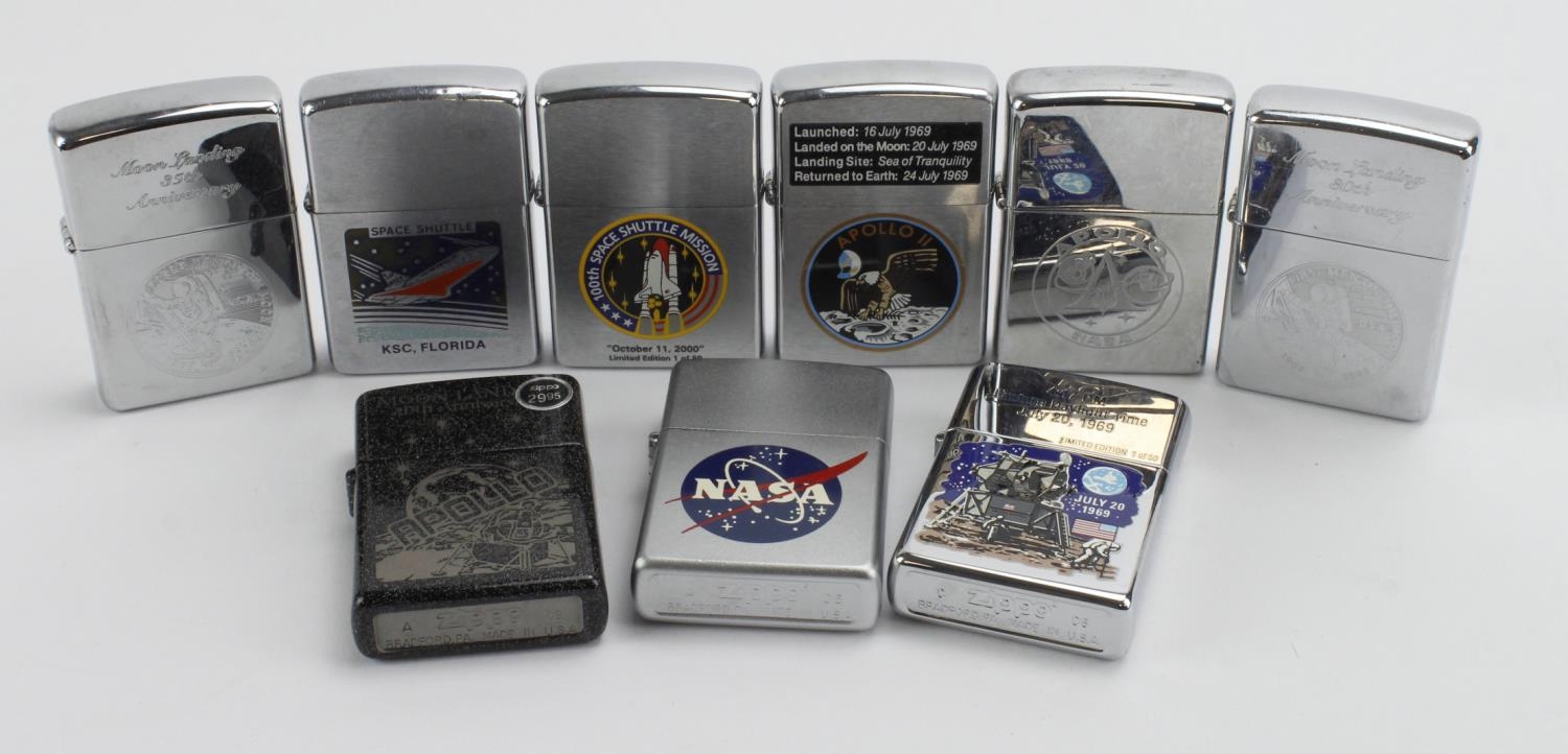 Zippo Lighters. A collection of nine Space Exploration related 