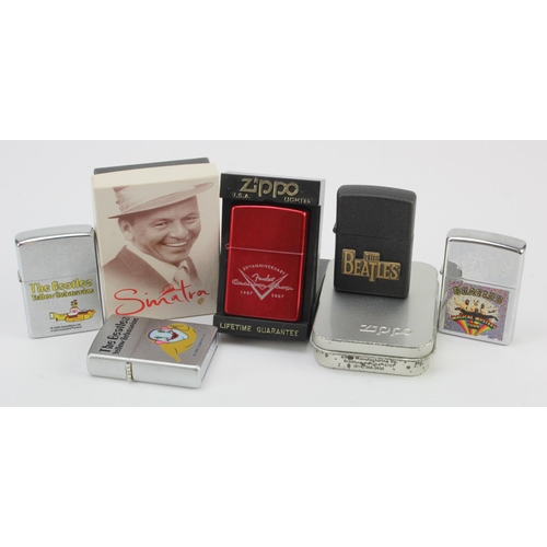 495 - Zippo Lighters. A collection of seven music related Zippo lighters, including Beatles, Frank Sinatra... 