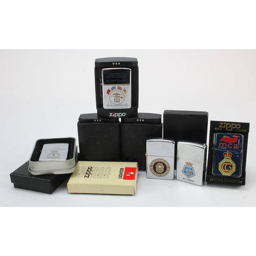 501 - Zippo Lighters. A collection of ten mostly Military & Naval related Zippo lighters, including RNLB A... 