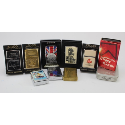 503 - Zippo Lighters. A collection of ten various Zippo lighters, including King Edward VII, Liberation of... 