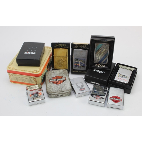 506 - Zippo Lighters. A collection of twelve motor vehicle related Zippo lighters, including Harley Davids... 