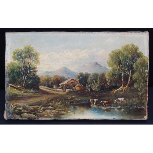 53 - Circa 19th Century. Oil on canvas depicting cattle watering at a stream by a mountain path with herd... 