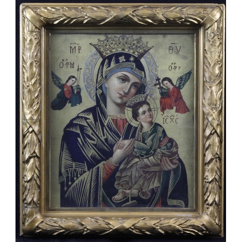 60 - Religious Icon (Russian Orthodox?) Oil on board, 'Our Lady of Perpetual Hope'. Clean and bright. Gif... 