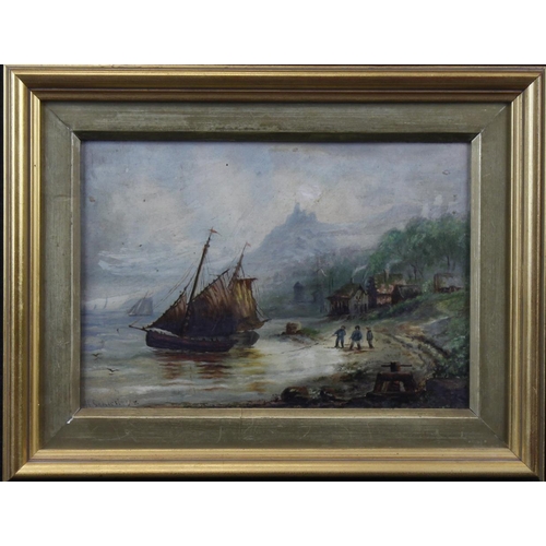 62 - Schlesinger, H. (Circa 19th century, European?) Oil on canvas depicting three figures on the shore p... 